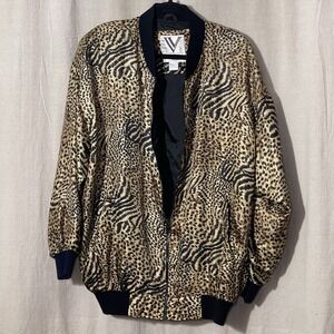 Vntg Animal Print Satin Bomber Jacket Women's Size 14/16 Leopard‎ Cheetah Korea